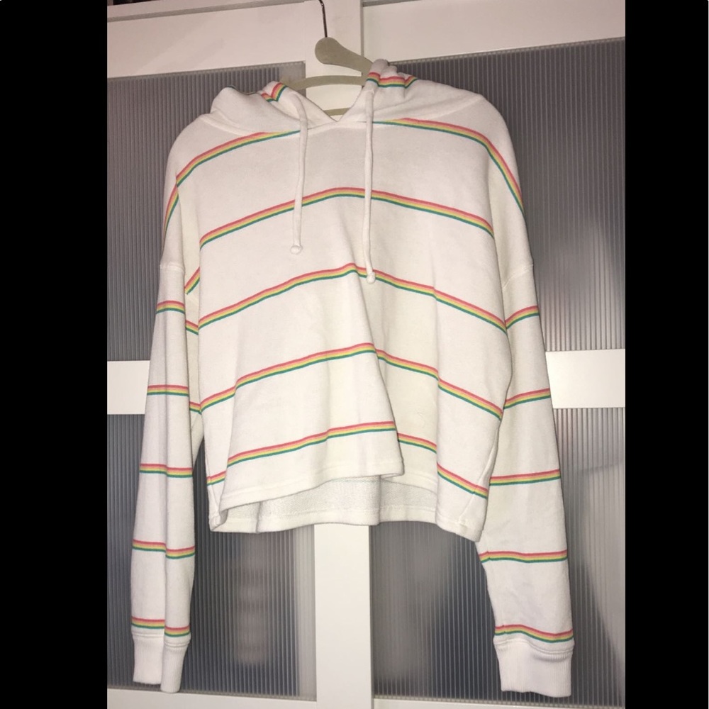 white cropped hoodie with rainbow stripes